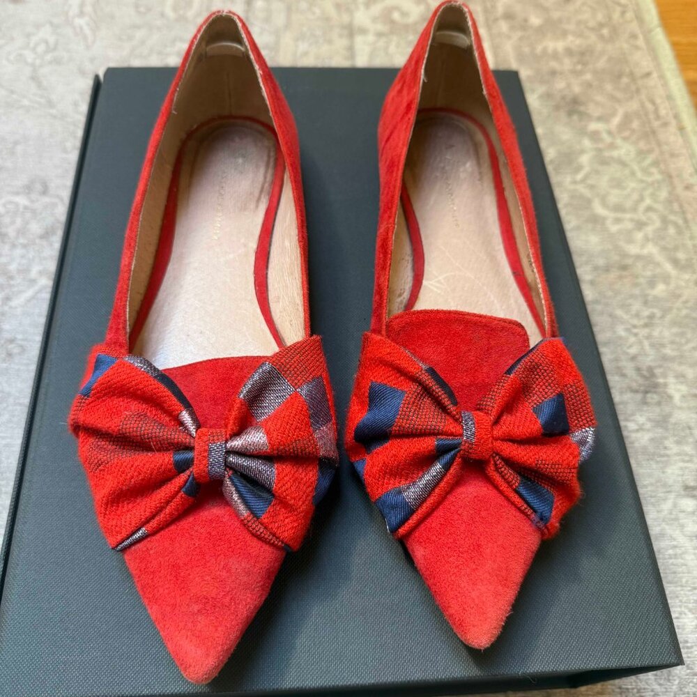 Anthropologie Knotted Bow Flats – Red Suede with Plaid Detail